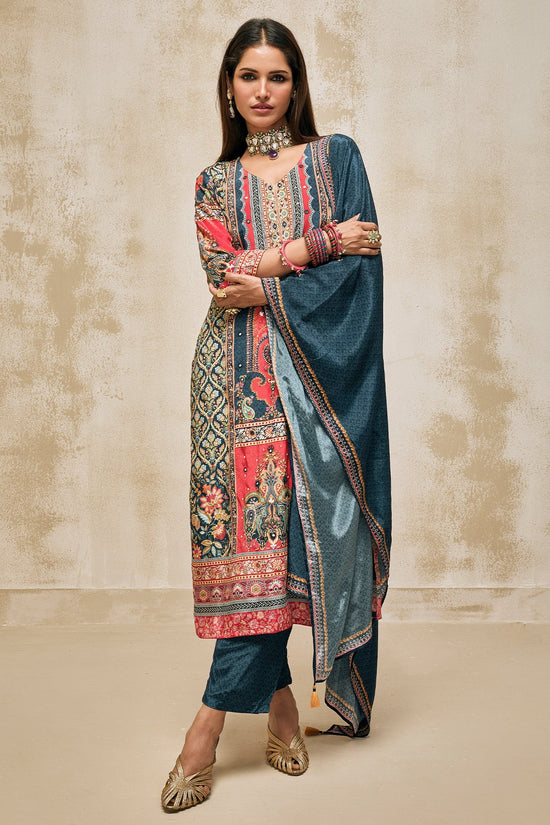Blue Embellished Kurta 3 Pcs Set