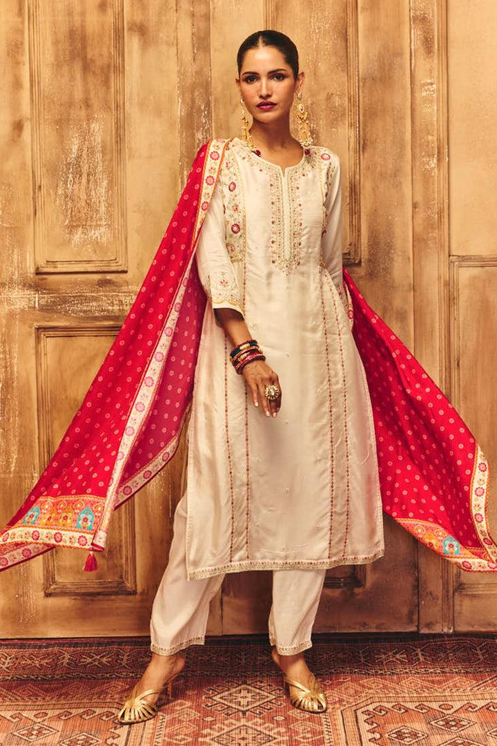 Cream Embroidered Kurta Set (3 Piece)