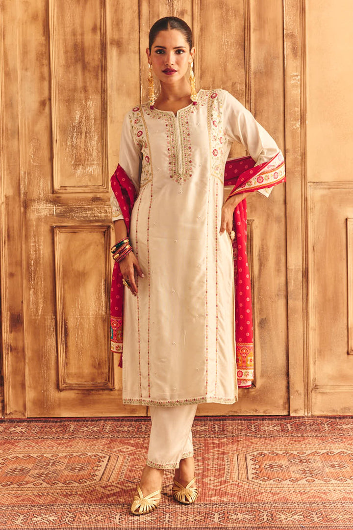 Cream Embroidered Kurta Set (3 Piece)