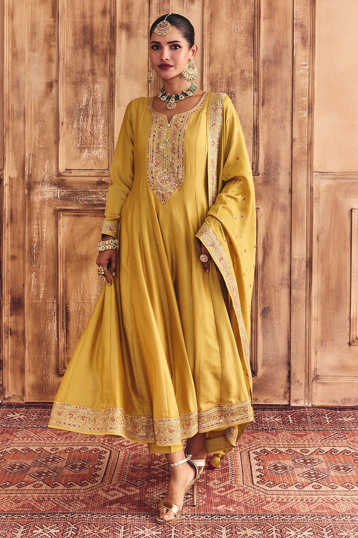 Mustard Embroidered Kurta 3 Pcs Set