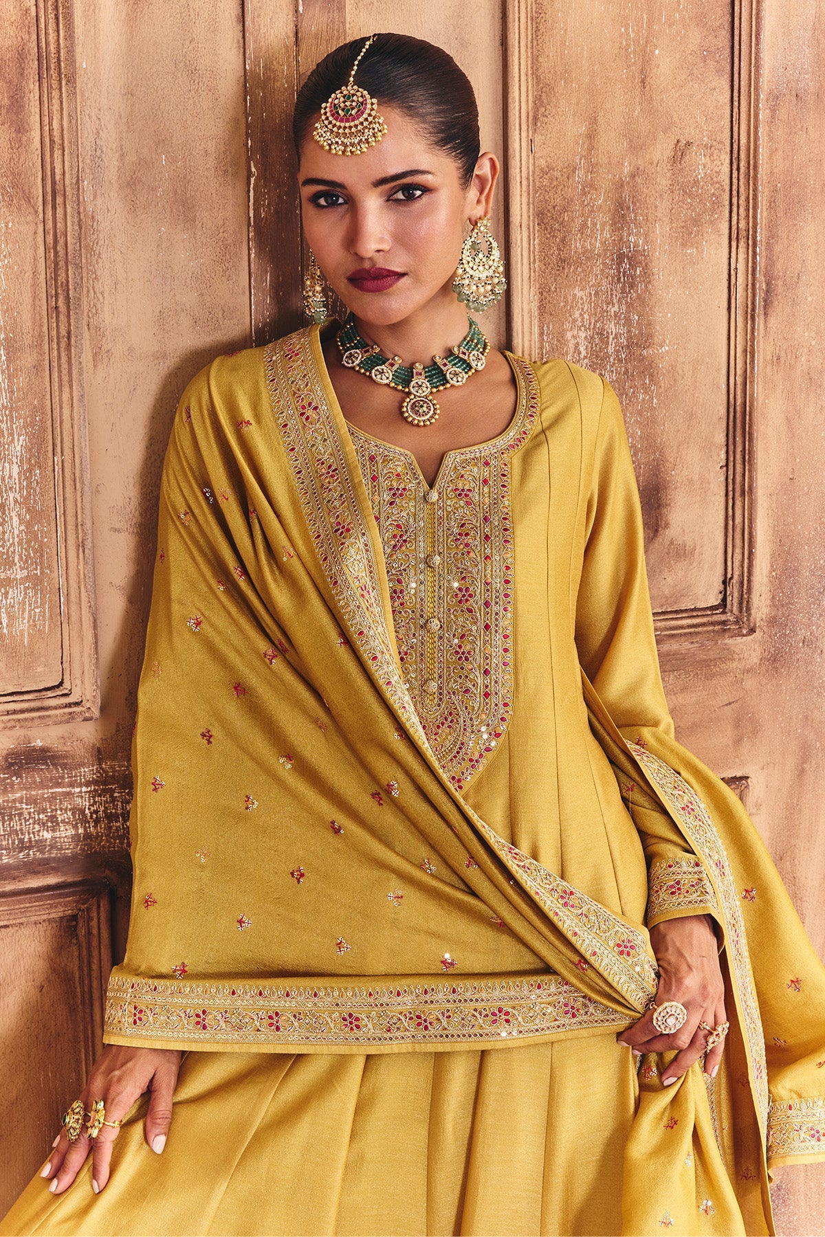 Mustard Embroidered Kurta 3 Pcs Set