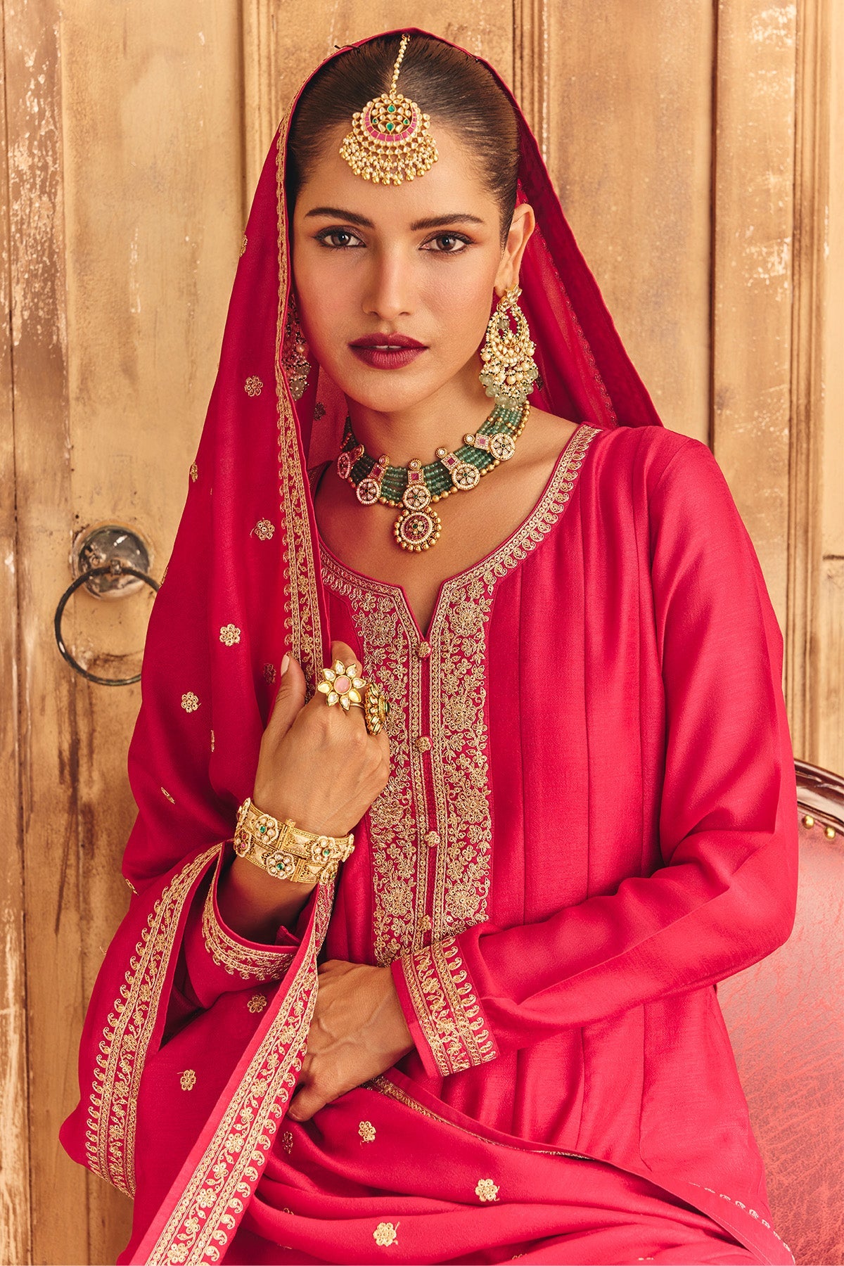 Magenta Embroidered Kurta 3 Pcs Set