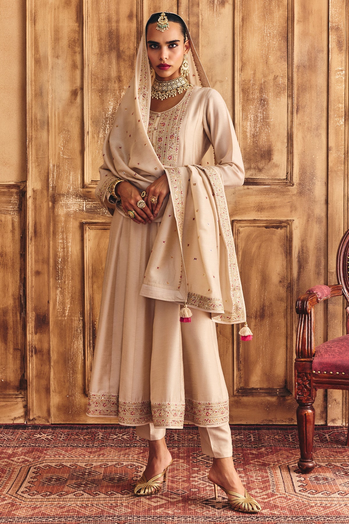 Cream Embroidered Kurta 3 Pcs Set