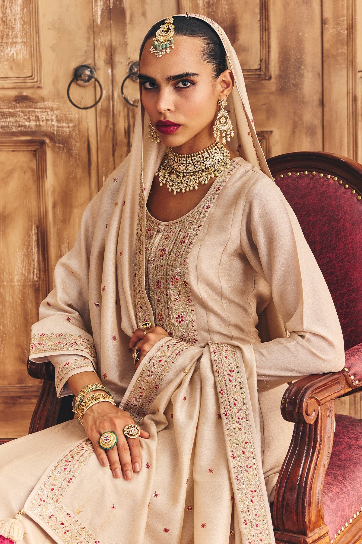 Cream Embroidered Kurta 3 Pcs Set