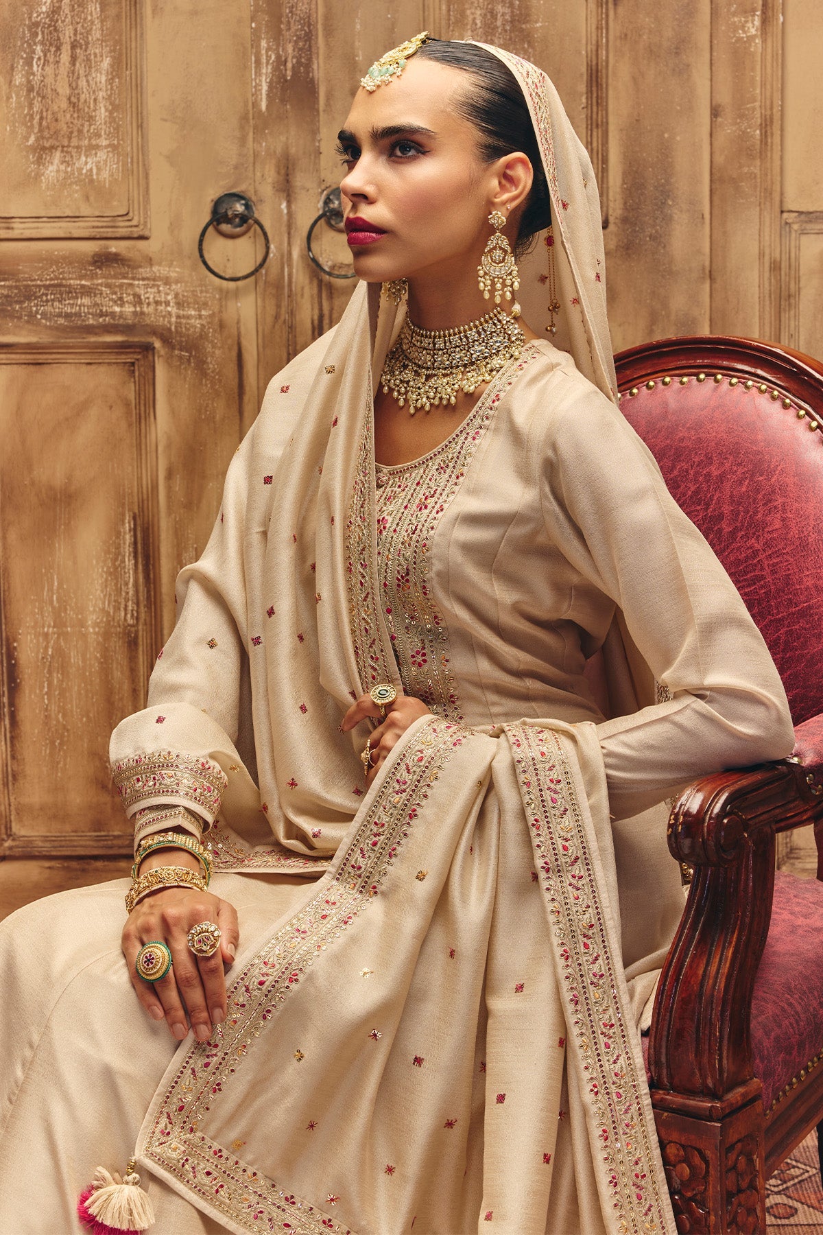 Cream Embroidered Kurta 3 Pcs Set
