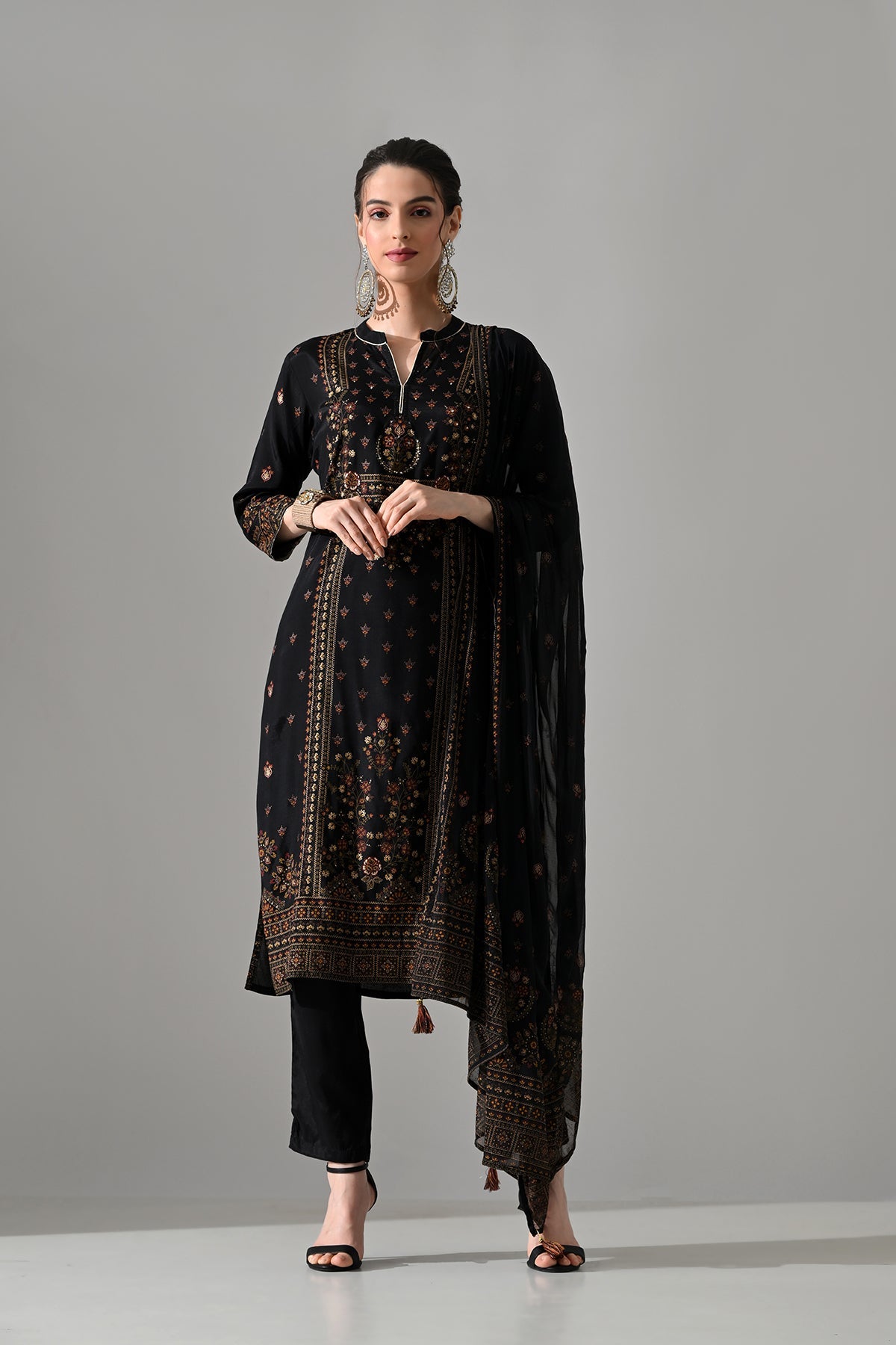 Black Printed Kurta 3 Pcs Set