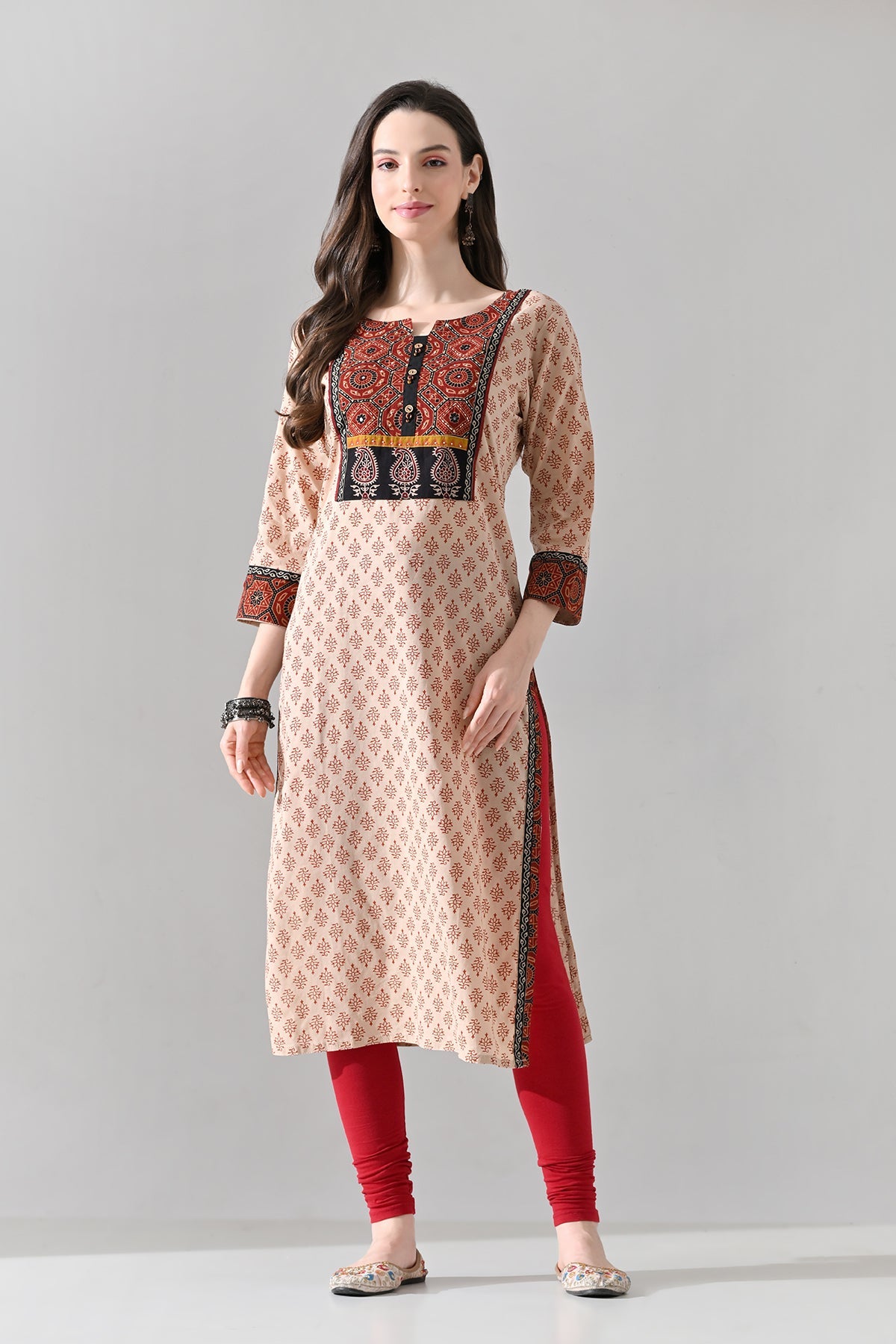 Beige Printed Straight Kurta
