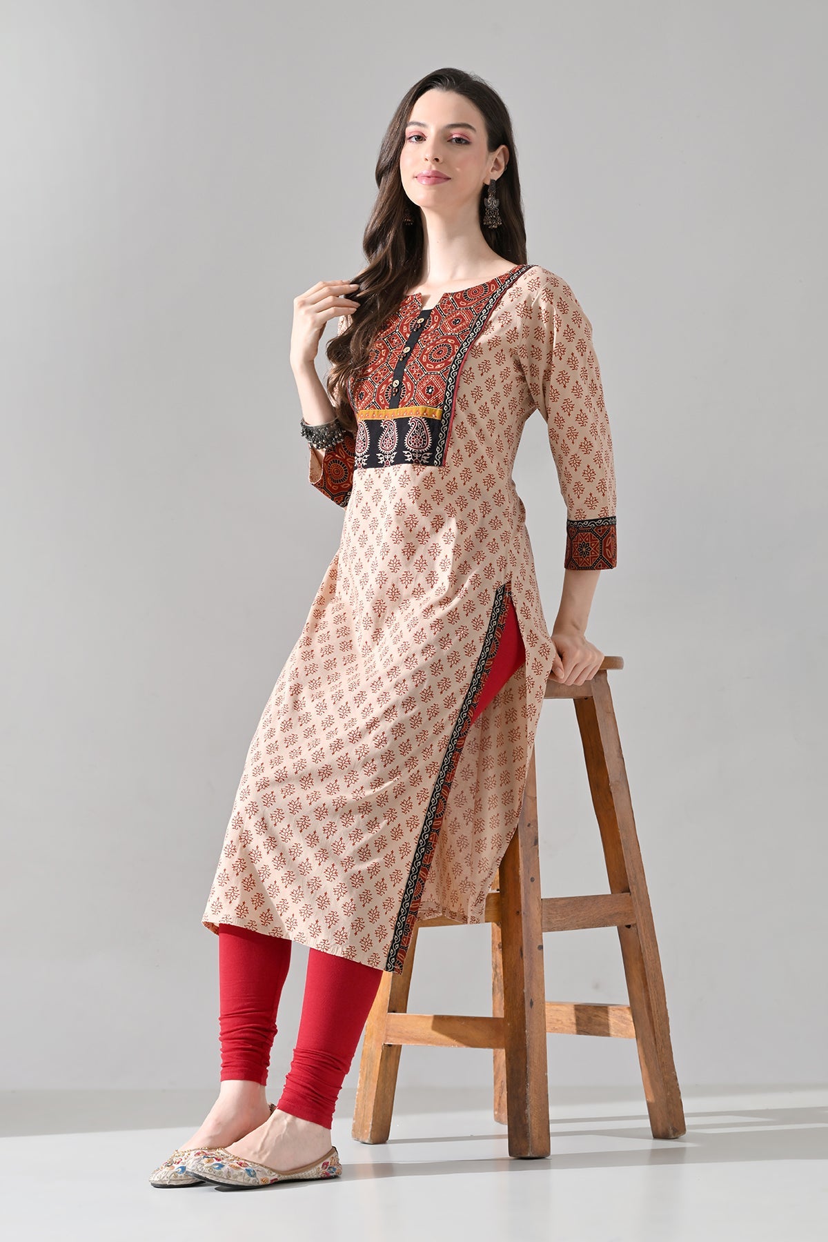 Beige Printed Straight Kurta