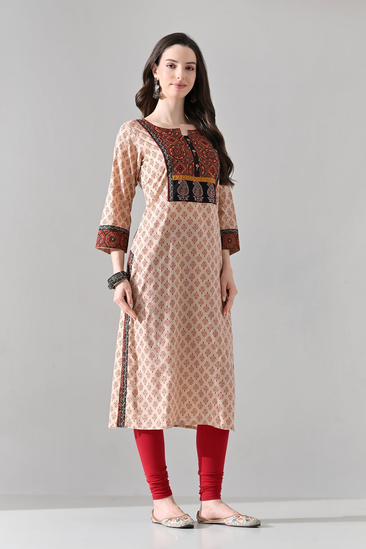 Beige Printed Straight Kurta
