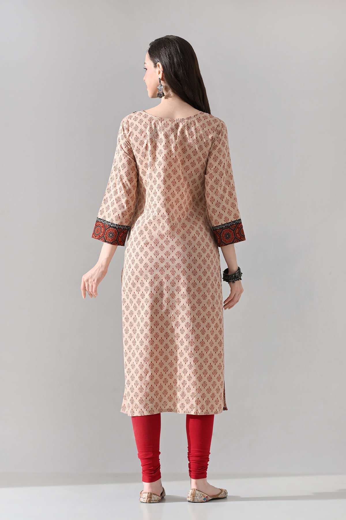 Beige Printed Straight Kurta