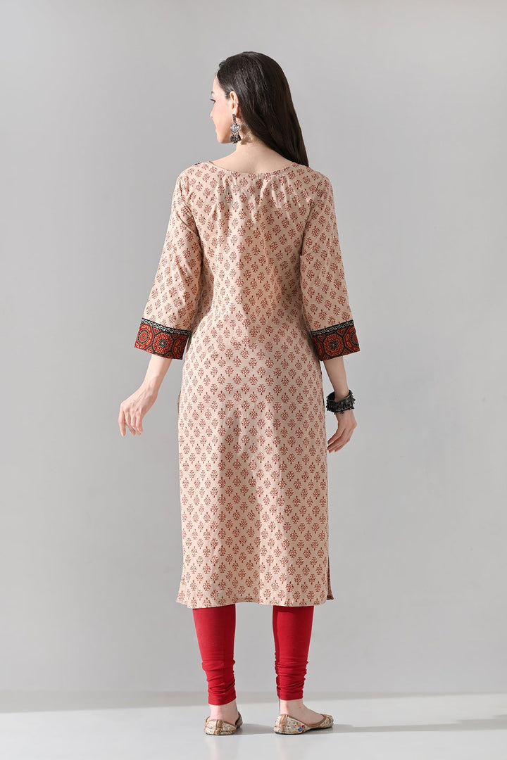 Beige Printed Straight Kurta