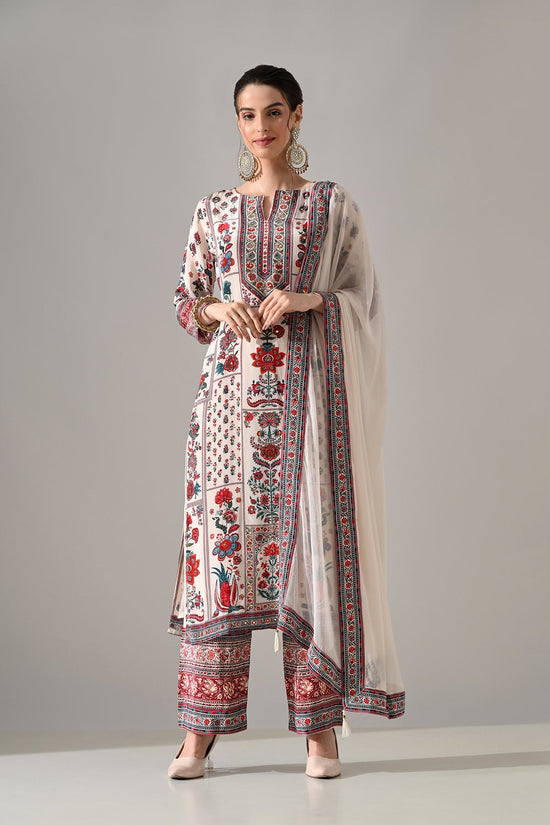 Cream Printed Mirror Embellished Kurta 3 Pcs Set