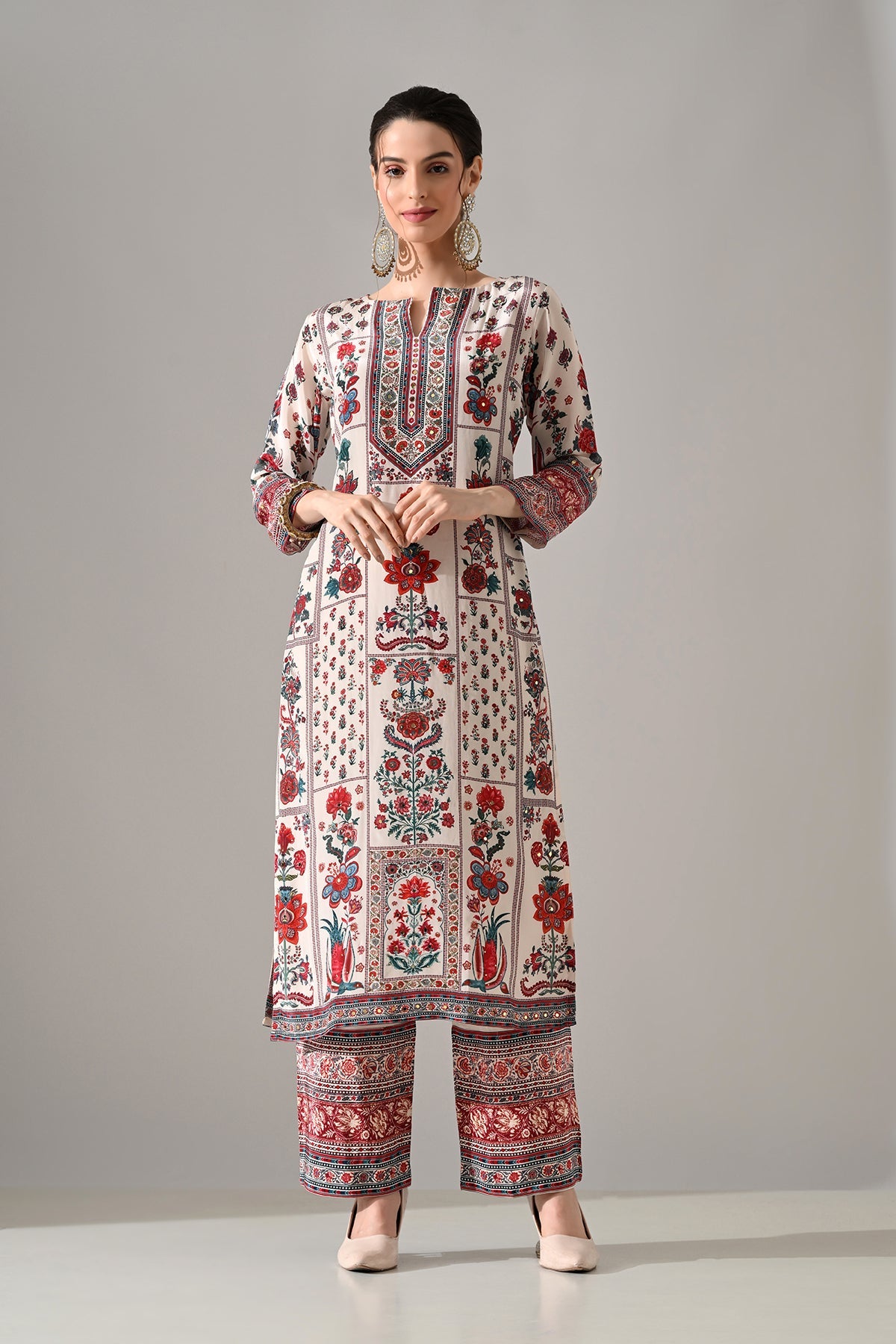 Cream Printed Mirror Embellished Kurta 3 Pcs Set