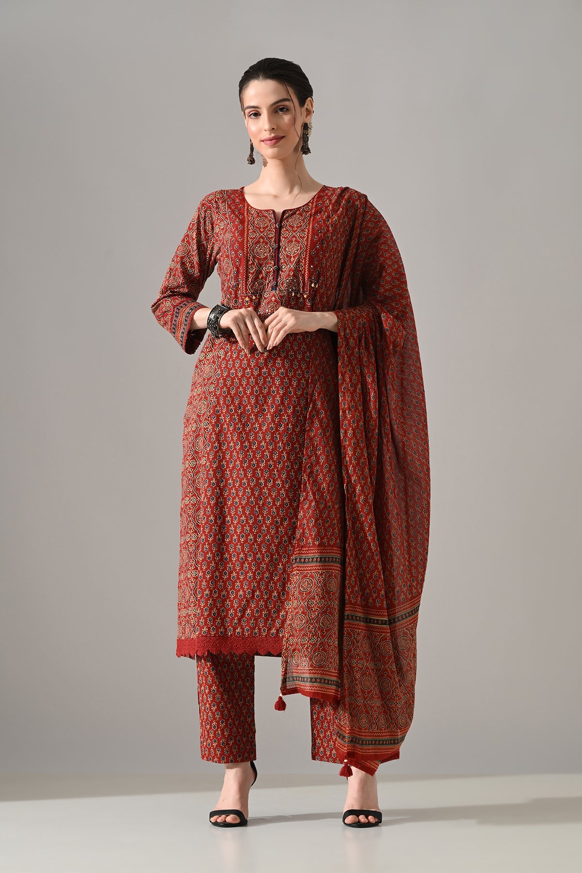 Rust Printed Kurta 3 Pcs Set