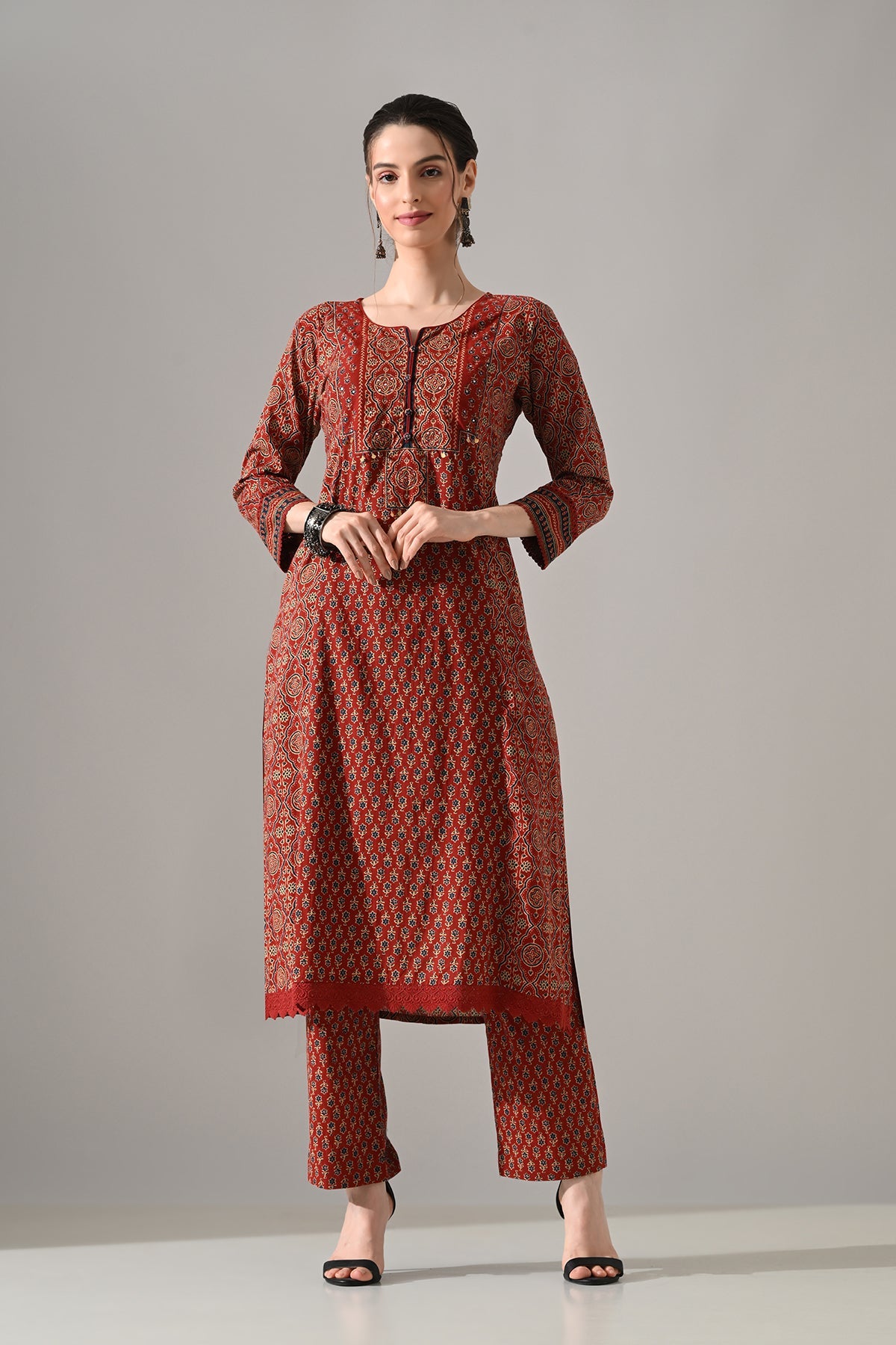 Rust Printed Kurta 3 Pcs Set