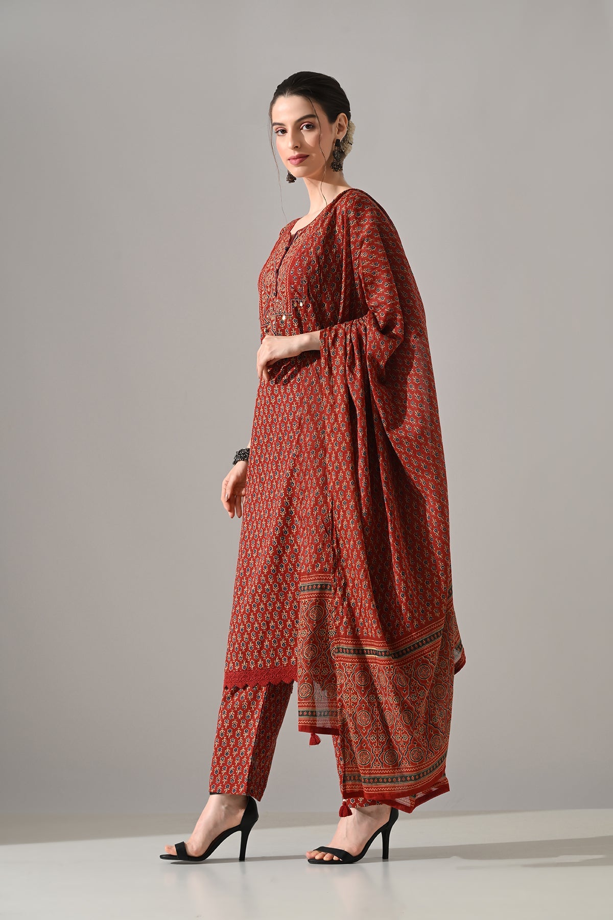 Rust Printed Kurta 3 Pcs Set