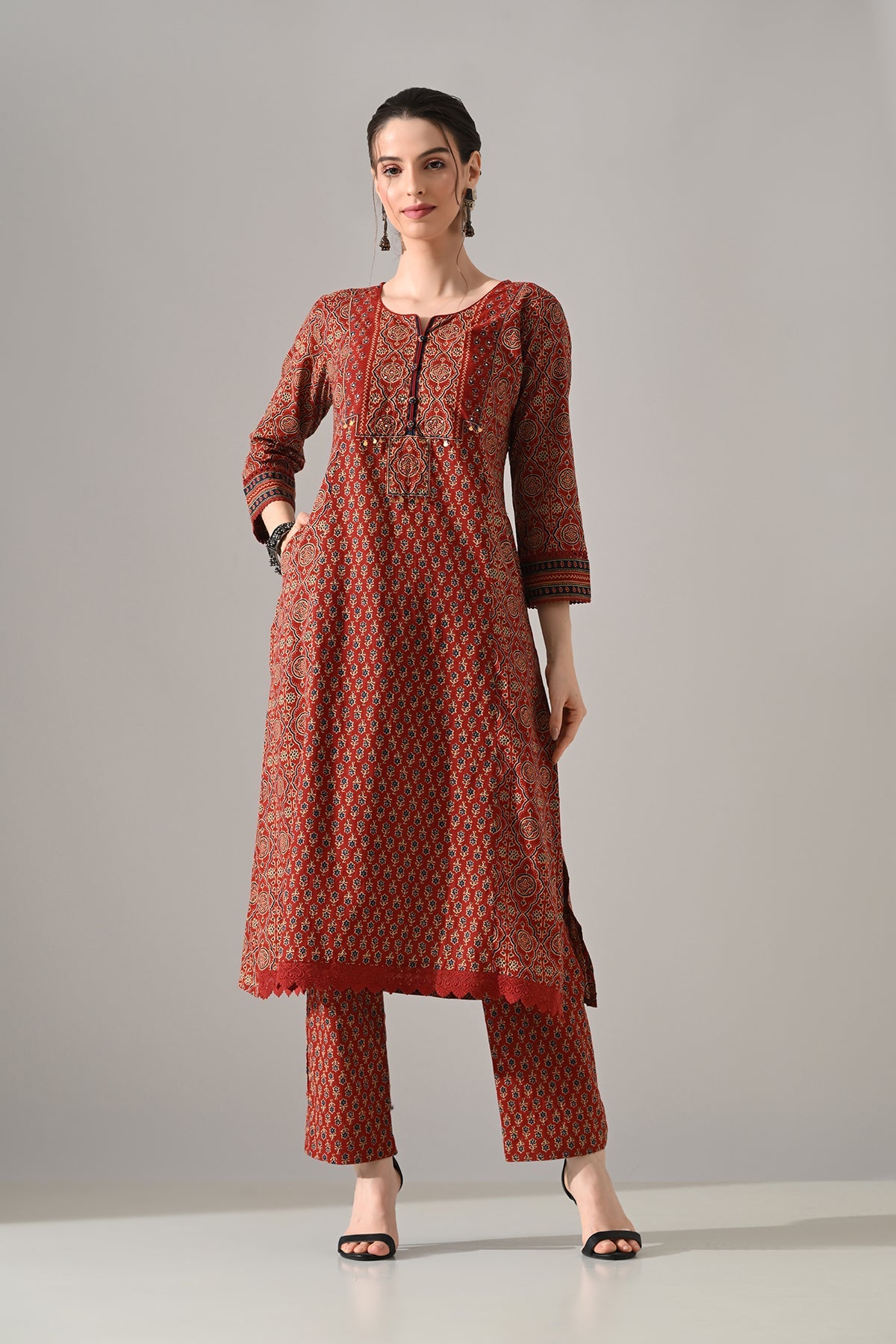 Rust Printed Kurta 3 Pcs Set
