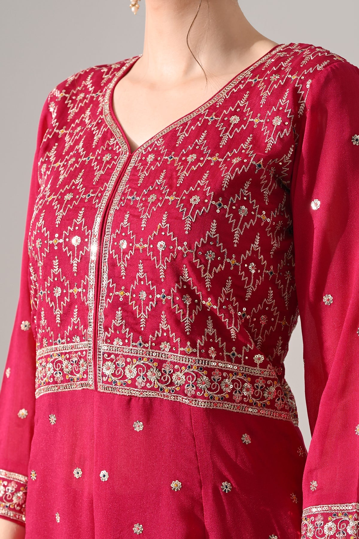 Pink Zari Embroidered Kurta 3 Pcs Set