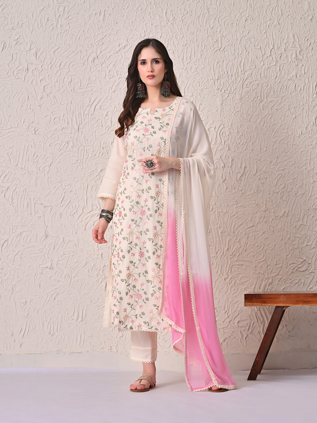 Cream Embroidered Kurta 3 Pcs Set