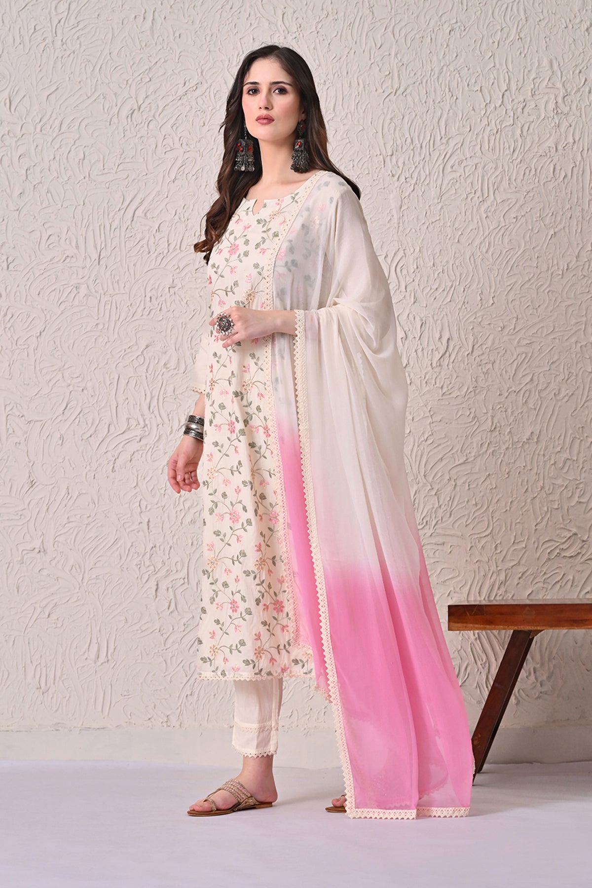 Cream Embroidered Kurta 3 Pcs Set