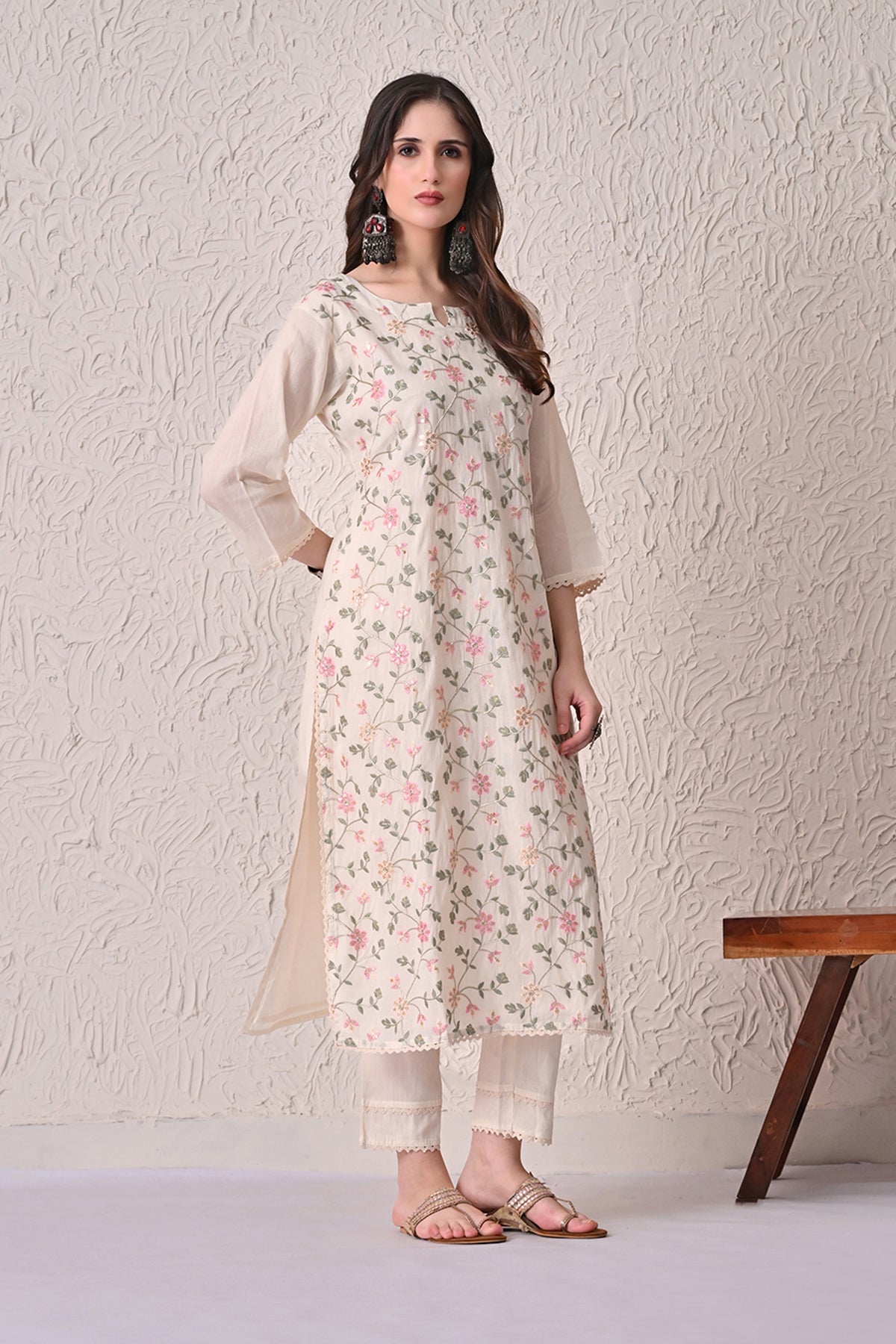 Cream Embroidered Kurta 3 Pcs Set