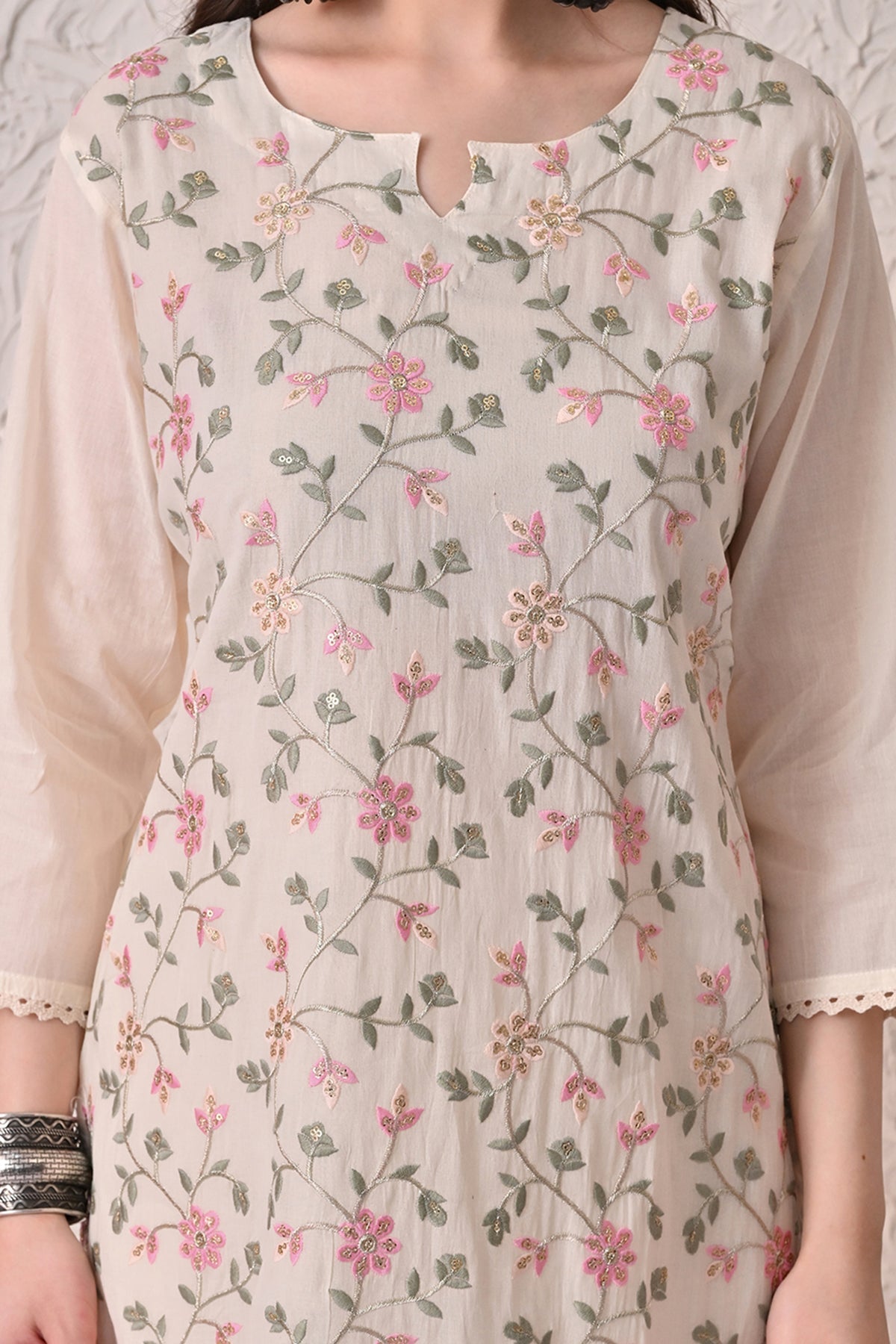 Cream Embroidered Kurta 3 Pcs Set