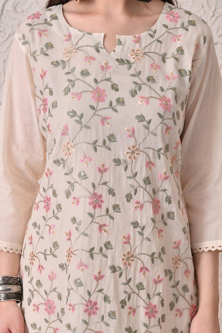 Cream Embroidered Kurta 3 Pcs Set