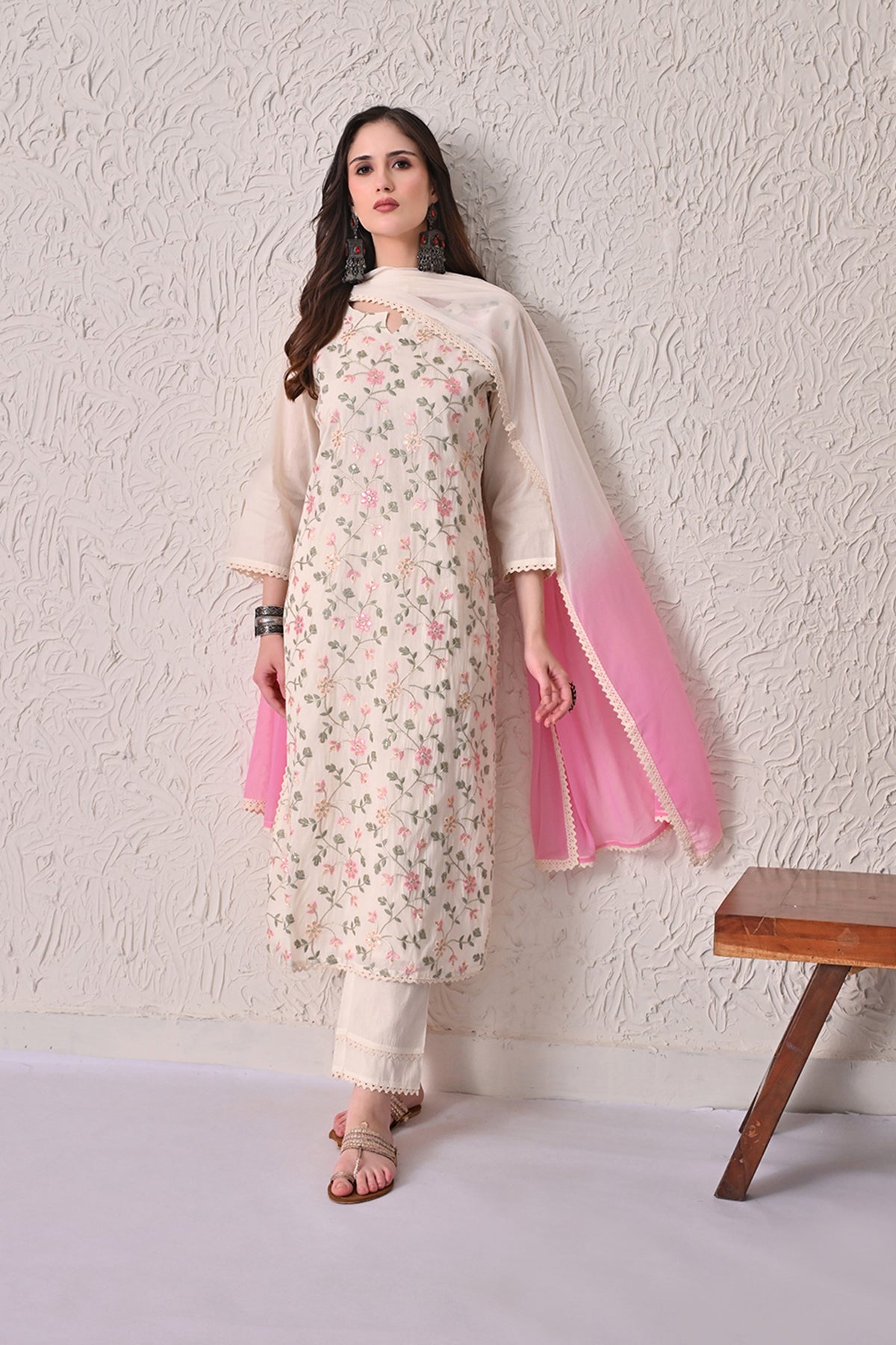 Cream Embroidered Kurta 3 Pcs Set