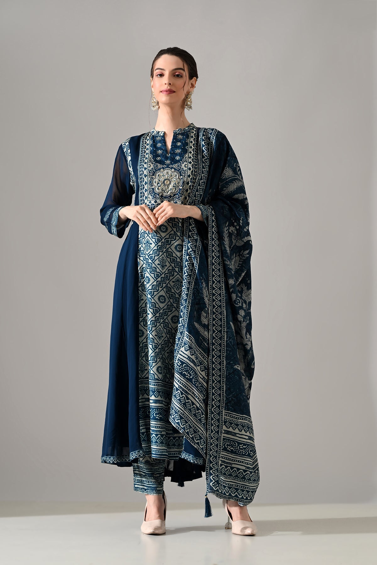 Blue Printed Kurta 3 Pcs Set
