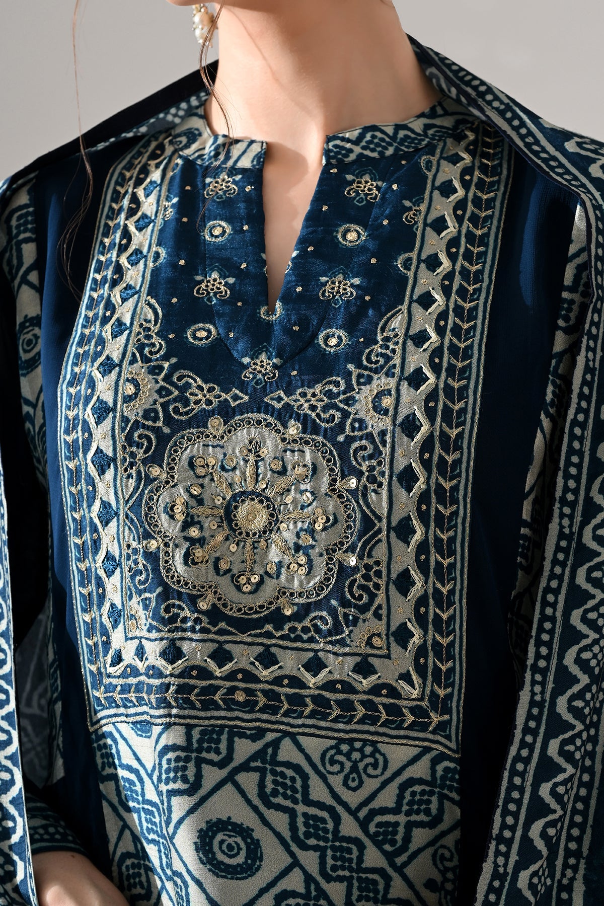 Blue Printed Kurta 3 Pcs Set