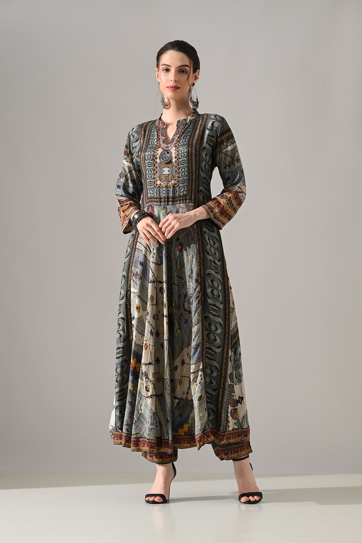 Grey Printed Kurta 3 Pcs Set