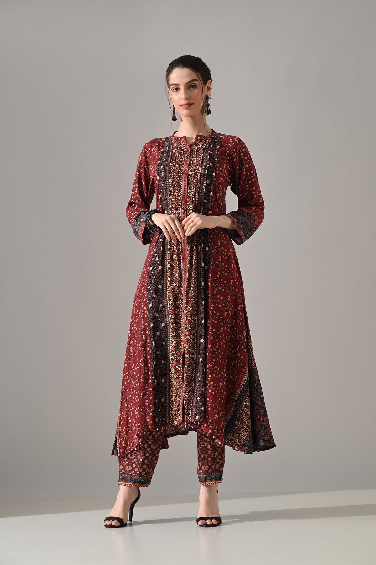 Maroon Printed Kurta 3 Pcs Set
