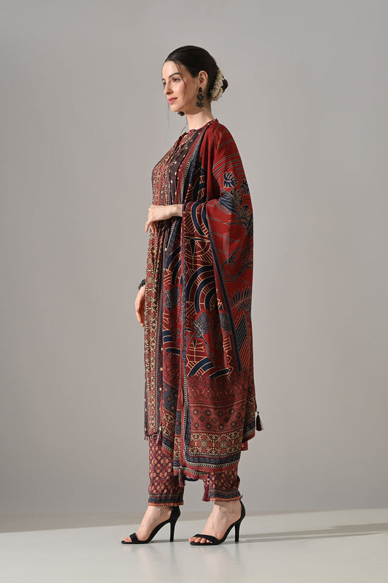 Maroon Printed Kurta 3 Pcs Set