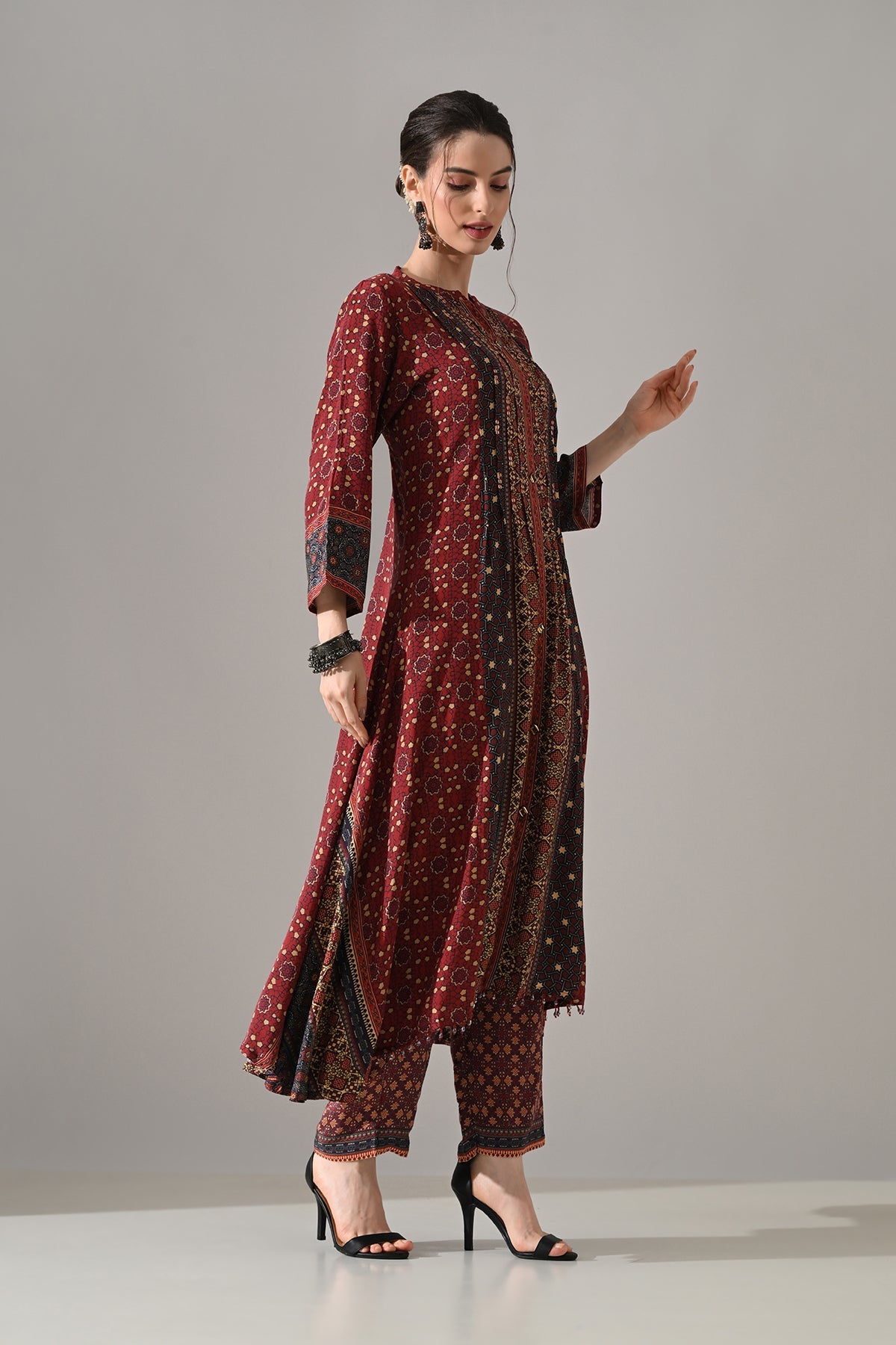 Maroon Printed Kurta 3 Pcs Set