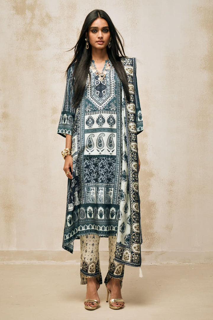 Blue Printed Kurta Set (3 Piece)