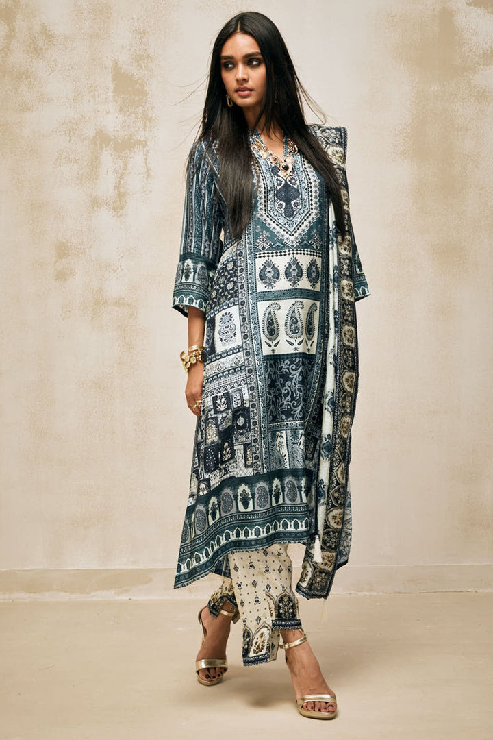 Blue Printed Kurta Set (3 Piece)