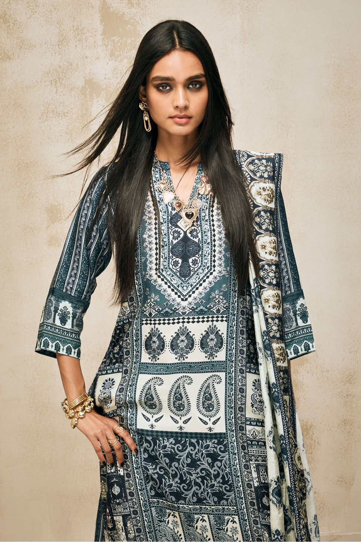 Blue Printed Kurta 3 Pcs Set