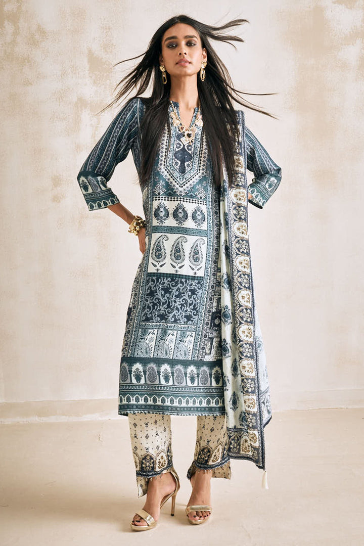 Blue Printed Kurta Set (3 Piece)
