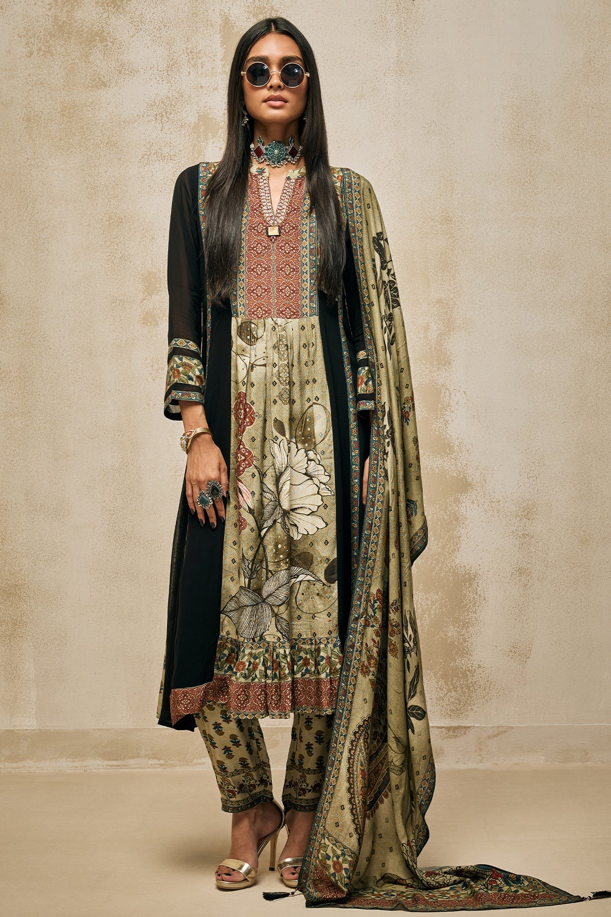Green - Black Printed Kurta 3 Pcs Set