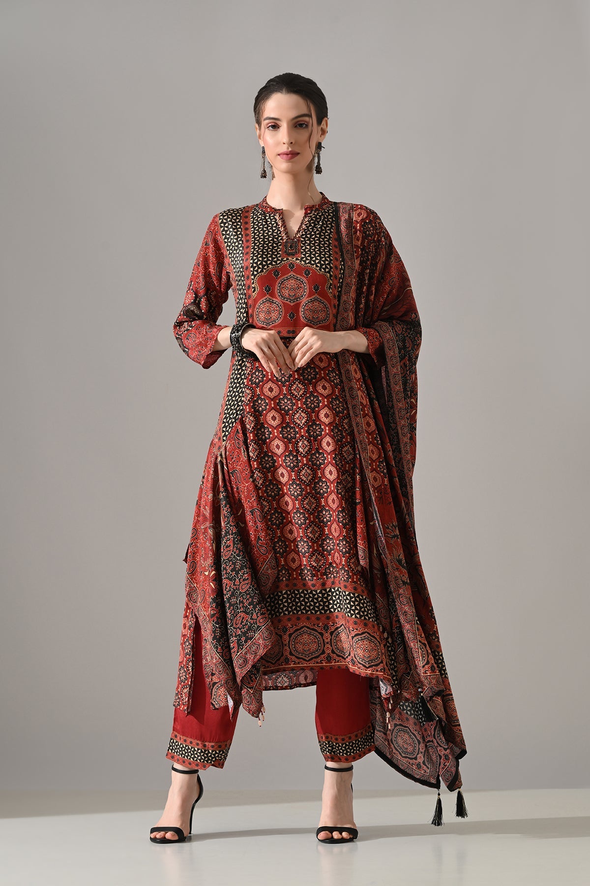 Maroon Printed Kurta 3 Pcs Set