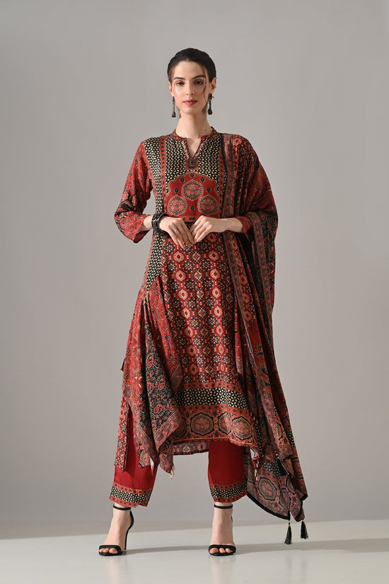 Maroon Printed Kurta 3 Pcs Set