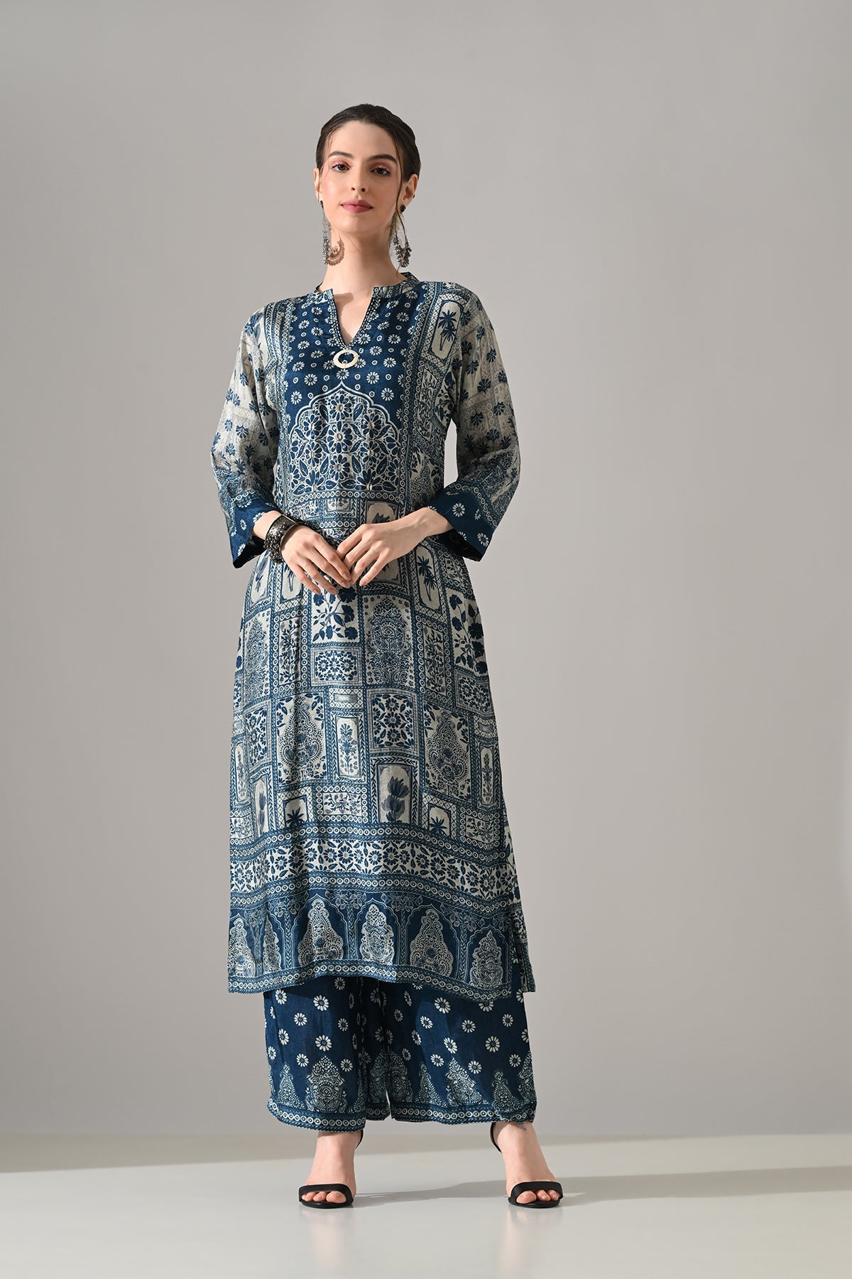 Blue Printed Kurta 3 Pcs Set