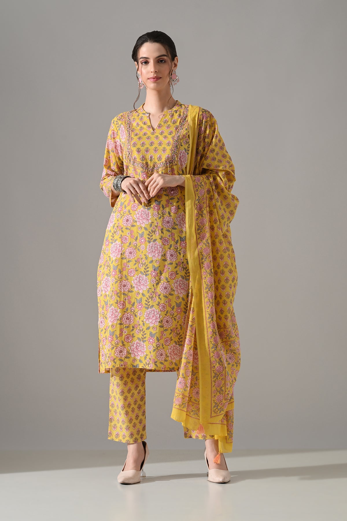 Yellow Printed Kurta 3 Pcs Set
