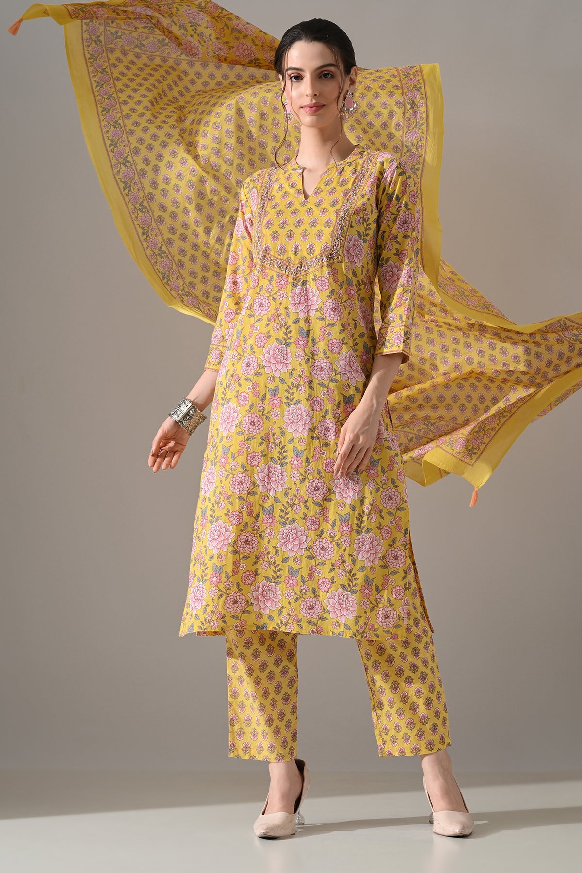 Yellow Printed Kurta 3 Pcs Set