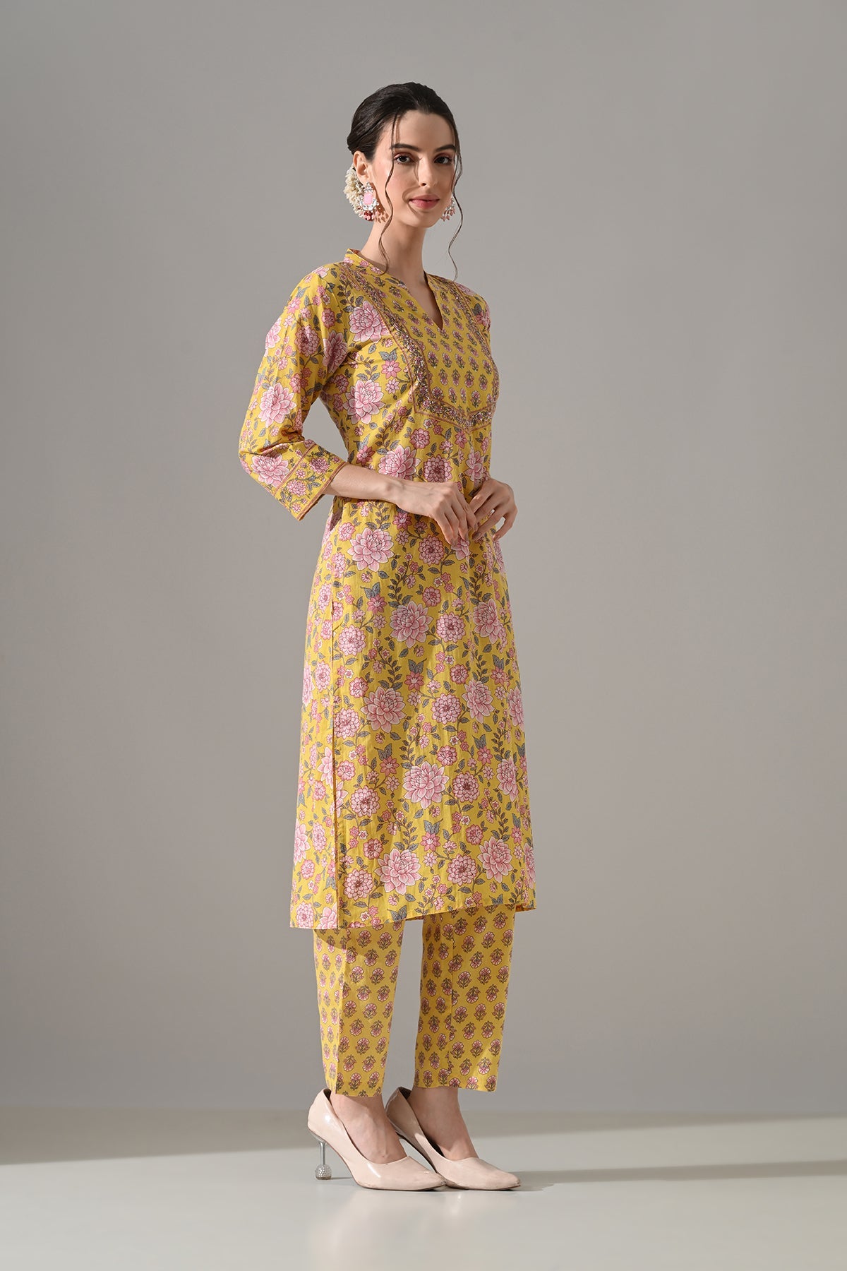 Yellow Printed Kurta 3 Pcs Set