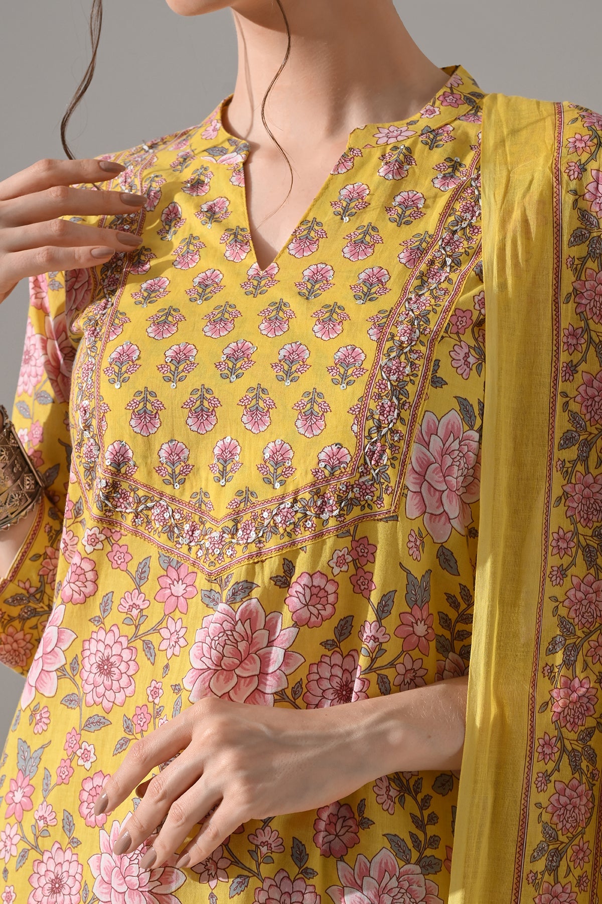 Yellow Printed Kurta 3 Pcs Set
