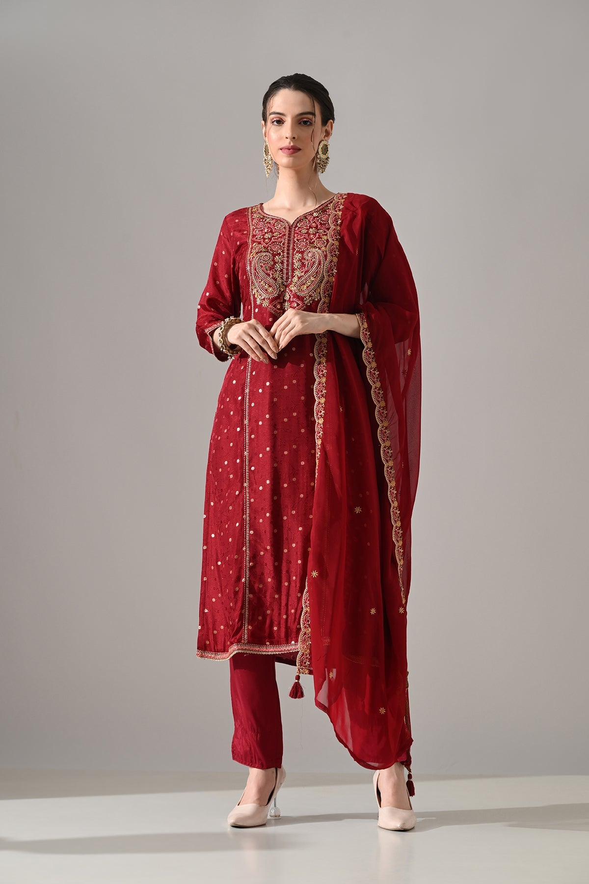 Maroon Embroidered Kurta 3 Pcs Set