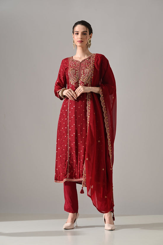 Maroon Embroidered Kurta 3 Pcs Set