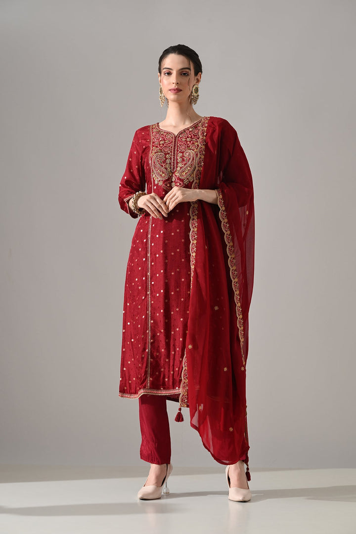 Maroon Embroidered Kurta 3 Pcs Set