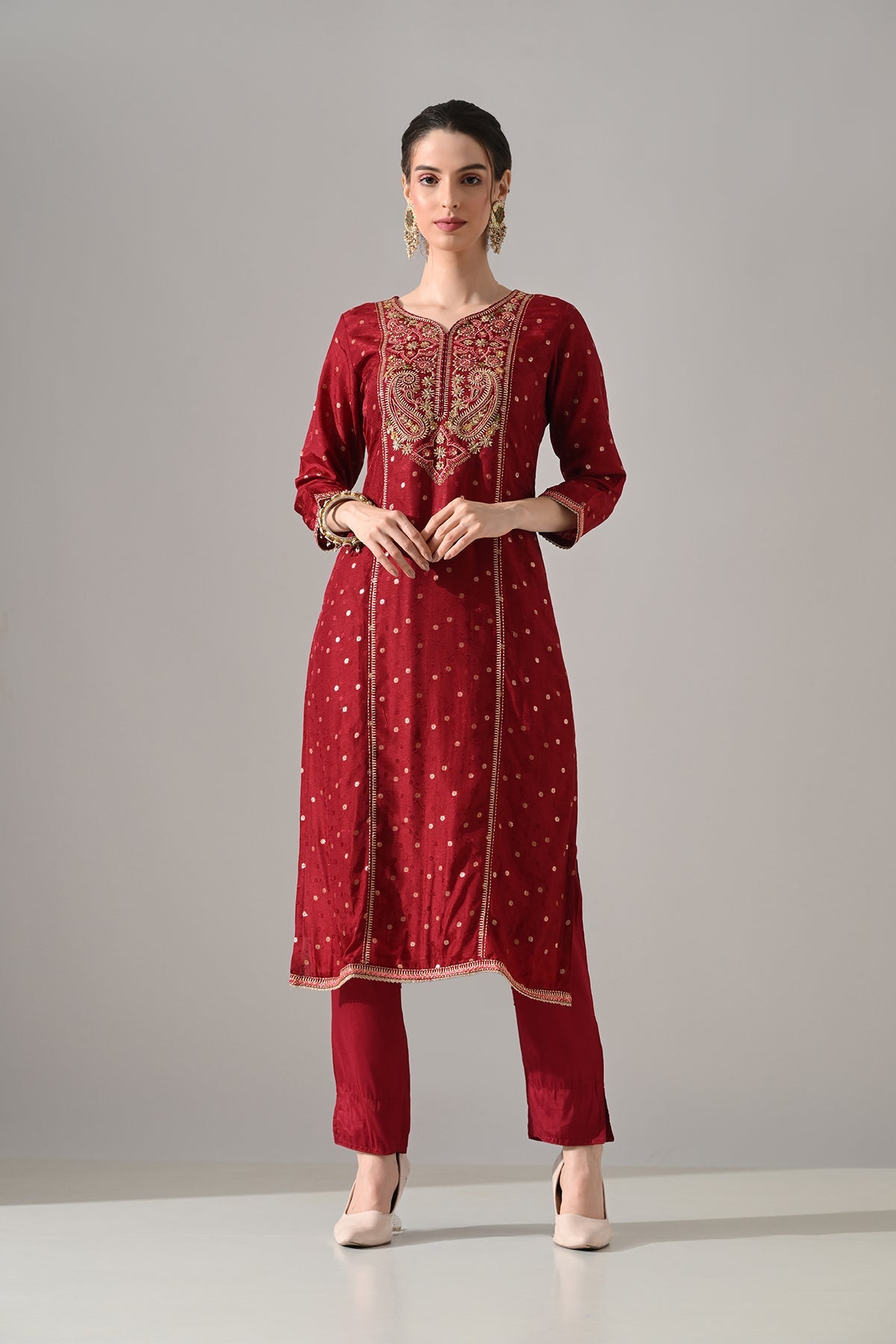 Maroon Embroidered Kurta 3 Pcs Set